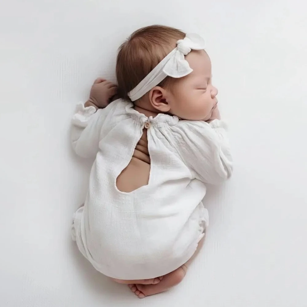 Vintage Newborn Photo Outfit White Long Sleeve Romper with Back Cutout Ruffle Detail Baby Photography Prop