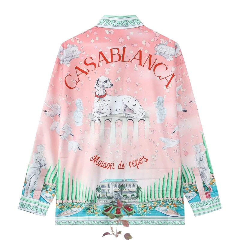 

Spotted Dog Flying Birds Print CASABLANCA Tops Men Women All-match Casual Pink Casablanca Long Sleeve Shirts
