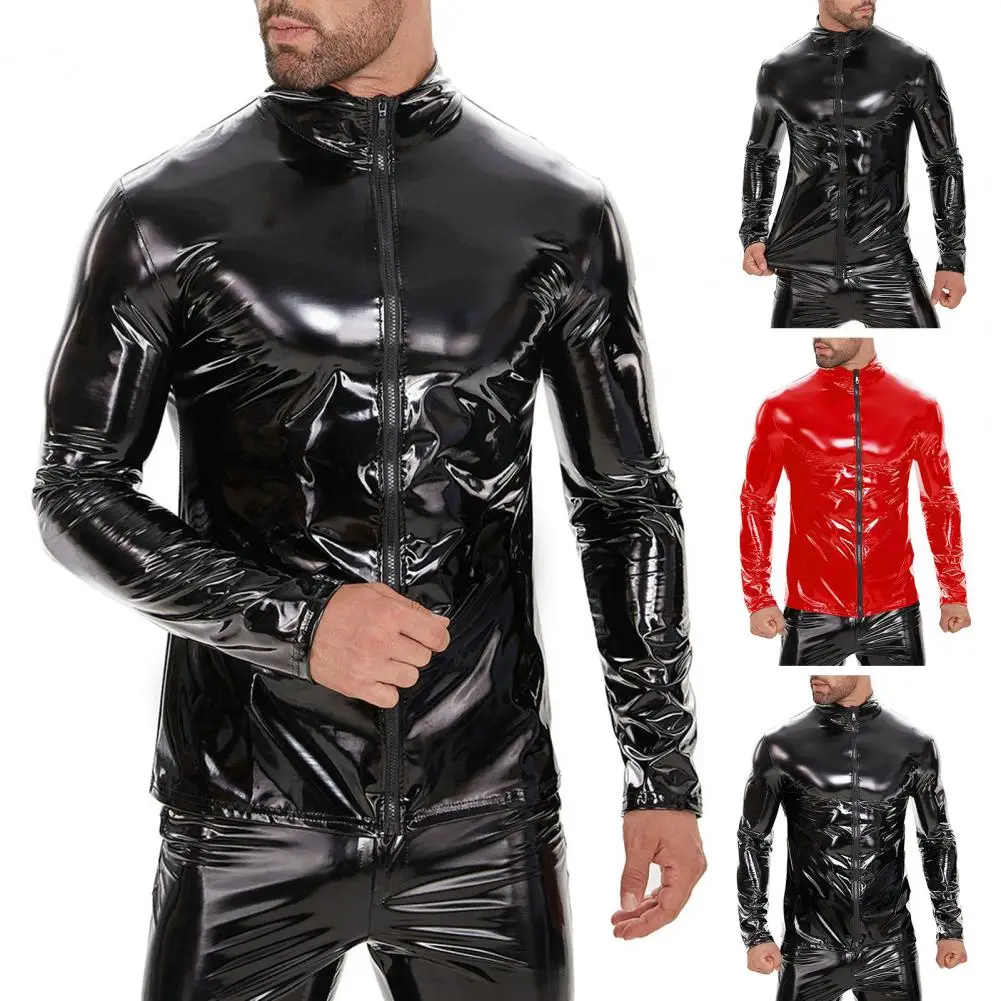 

Men Faux Leather Shirt Jacket Glossy Solid Color Stand Collar Zipper Closure Elastic Long Sleeve Party Nightclub PVC Leather Top