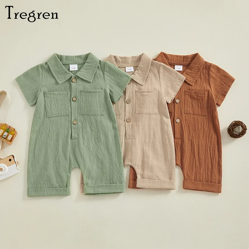 Tregren 0-18M Infant Boys Cotton Linen Jumpsuit Solid Color Lapel Short Sleeve Front Button Romper Summer Newborn Baby Clothes 1