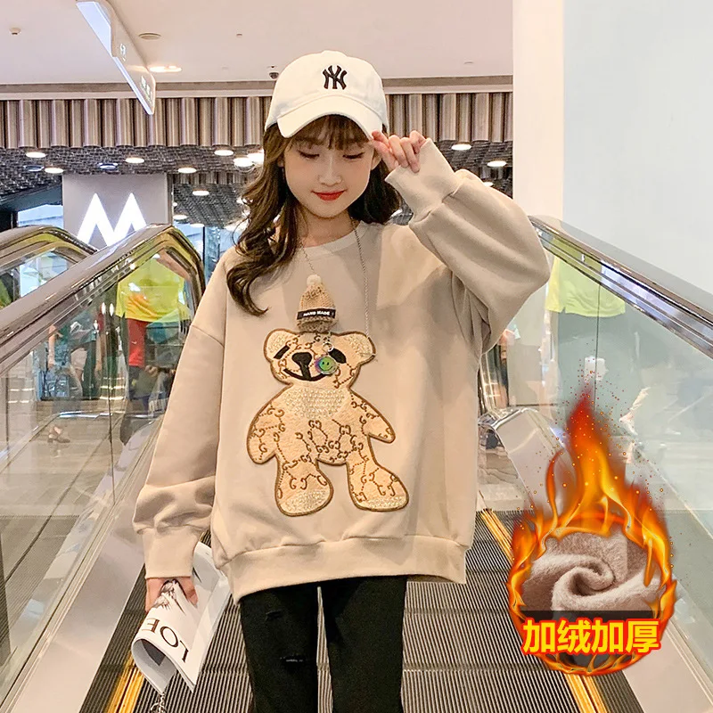 

2023 Korean Autumn Winter Kids Girl Thicken Sweatshirts Teenage Girl Cartoon Bear Long Sleeve Sport Shirts Child Girl Warm Tops