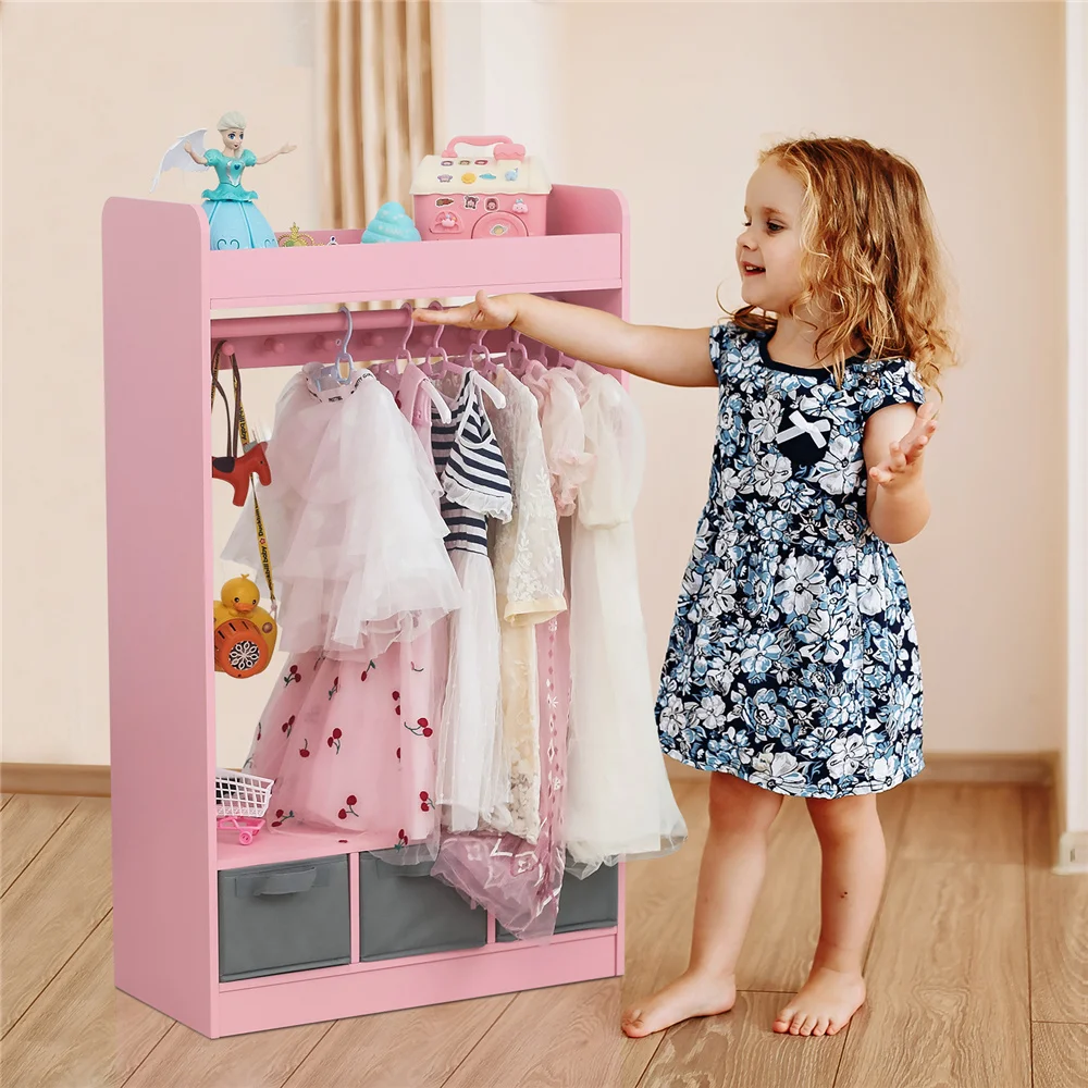 Kids Costume Organizer、 Costume Rack、Kids Armoire、Open Hanging Armoire Closet with Mirror-PINK 2