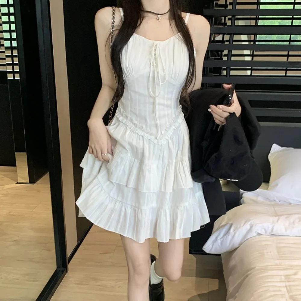 

Sweet Sleeveless Dresses Women Ruffles Elegant Preppy Cute Summer Mini Dress Ladies