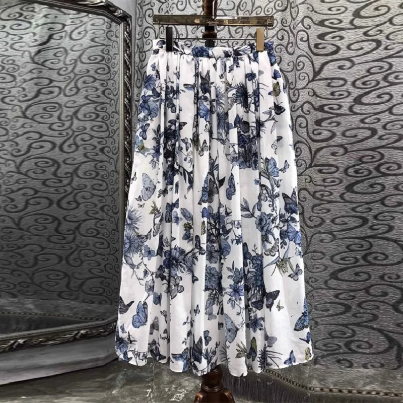 

100%Cotton Long Skirt 2024 Spring Summer Style Women Charming Butterfly Prints Big Swing Casual Vintage Party Lady Skirts Maxi