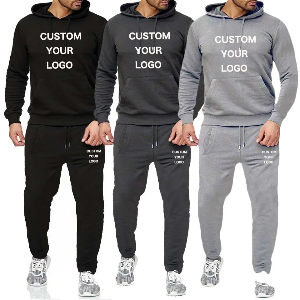 Custom Logo Men Casual Hooded Tracksuit Sportswear Hoodies+Sweatpants 2 Pieces Male Clothing Pullover Sweatshirt New Street Wear