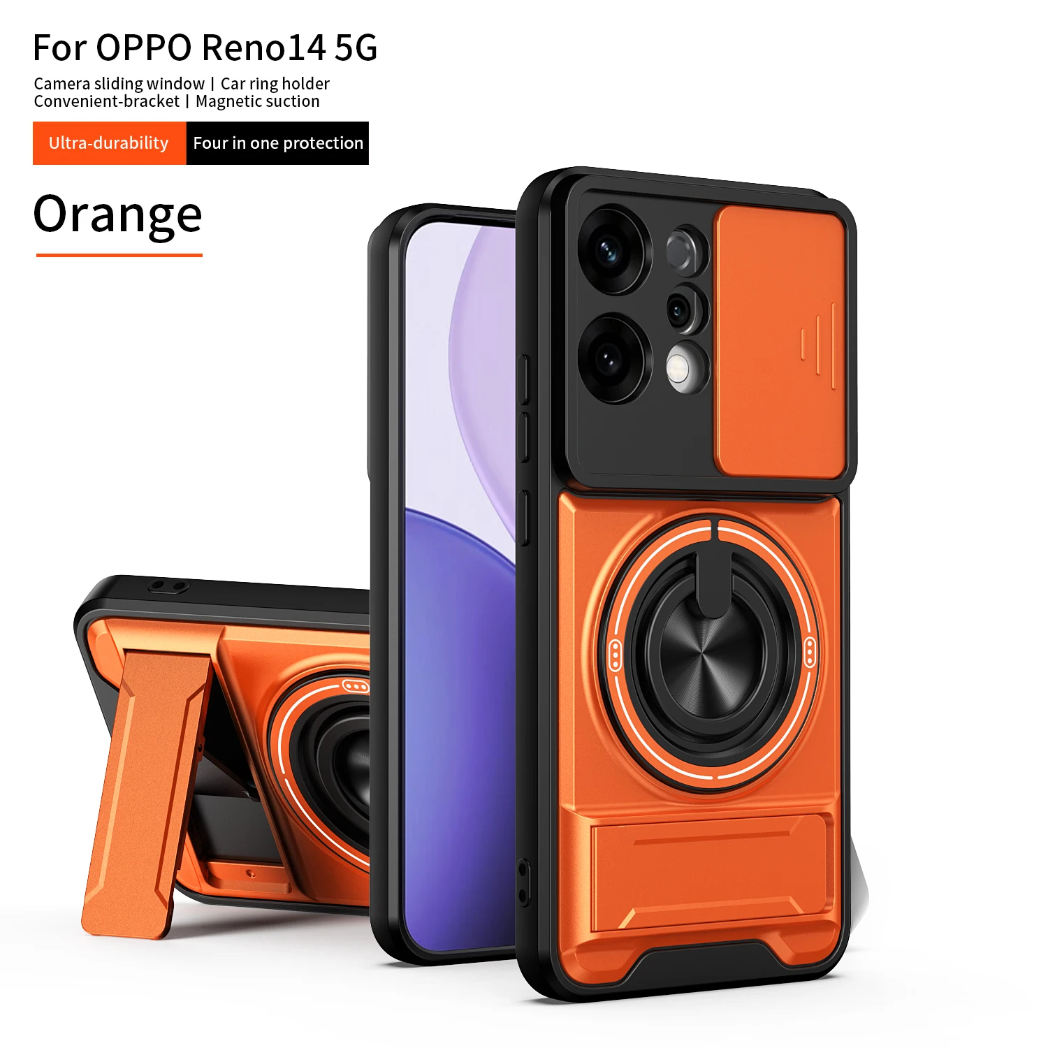 Enhanced Magnetic Ring Protective Phone Case with Camera Sliding Cover and Double Bracket