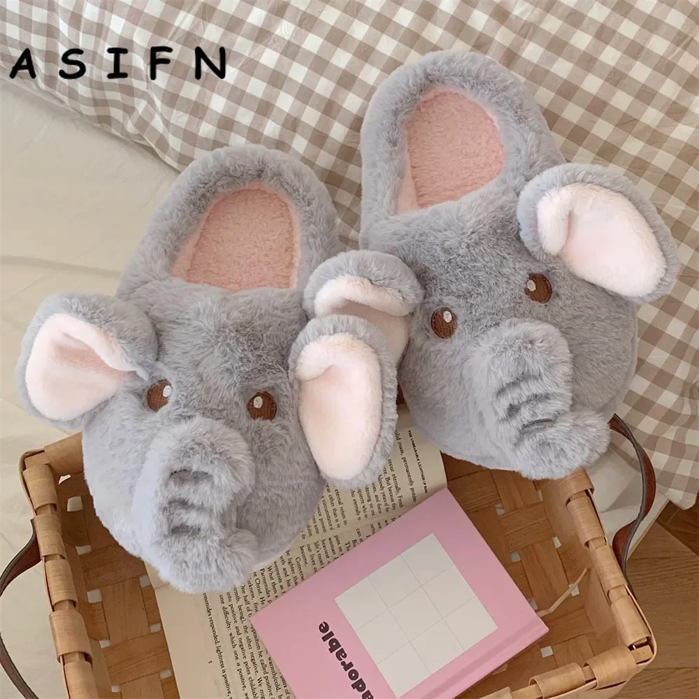 

ASIFN New Winter Warm Cotton Slippers Women Home Indoor Cute Elephant Plush Soft Sole Fur Slippers Non-Slip Zapatos De Mujer