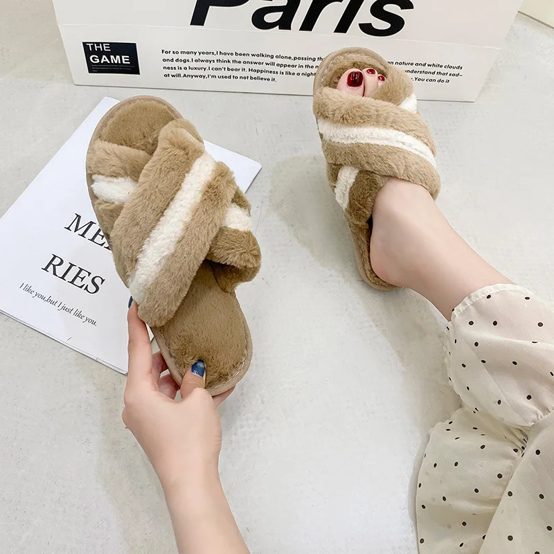 Color matching cross plush slippers women's indoor plush flat open toe cotton slippers BF10