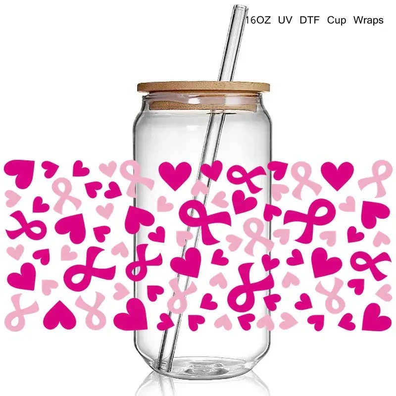 8+ Breast Cancer Awareness 3D UV DTF Cup Wraps Transfer Stickers Pink Ribbon Affirmation UV Wraps Decals 16oz Libbey Glass