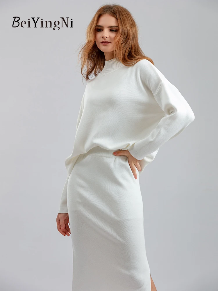 

Beiyingni Autumn Winter Sweaters And Knitted Pencil Midi Skirts Two Piece Sets Women Elegant Fashion Pullover Tops Matching Sets