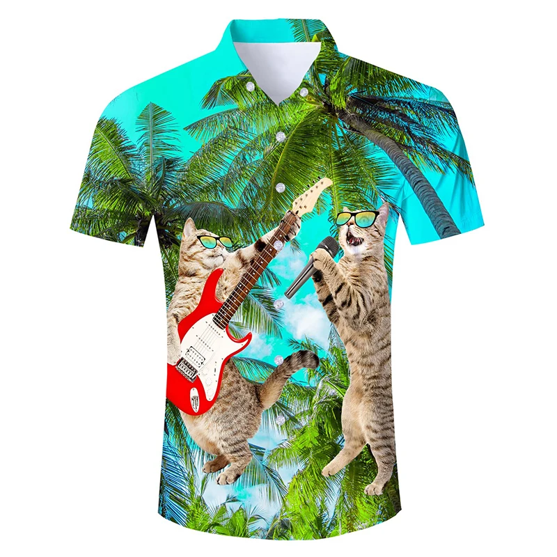 thumbnail image 1 of Camisas hawaianas con estampado 3D de dinosaurios y gatos divertidos para hombre, camisas hawaianas de manga corta con botones para vacaciones tropicales, ropa de calle, 1 of 5