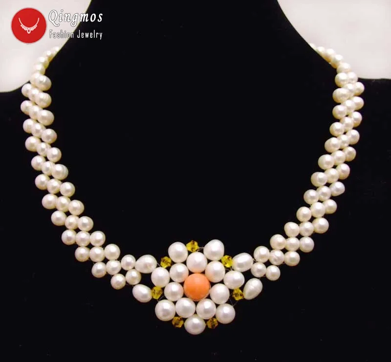 

Qingmos 6-7mm Round Handwork Weaving Natural White Pearl Necklace for Women Pink Coral 40mm Flower Pendant Necklace 17'' Chokers