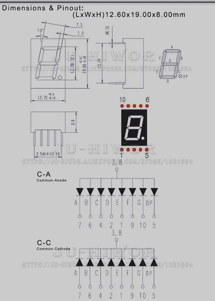 4-Pack 0.5"x0.75" Red 7-Segment LED Display - Common Anode, 10-Pin, Digital Readout For DIY Electronics