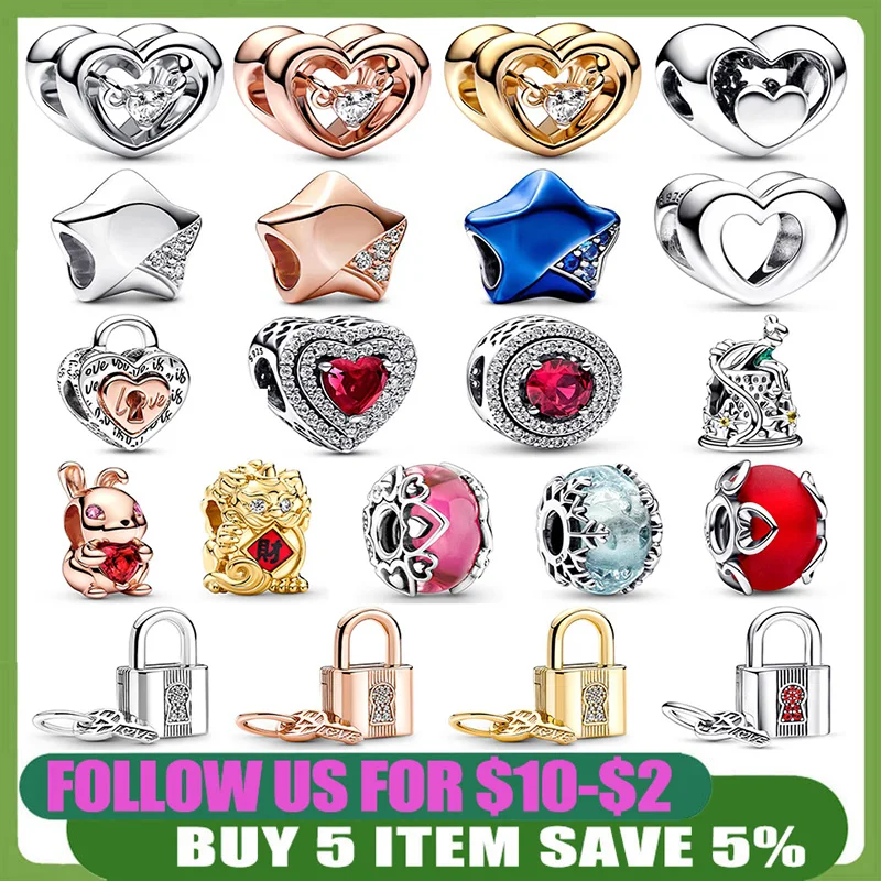 

925 Sterling Silver Padlock Key Radiant Heart Love Mum Dangle Beads Fit Original Pandora Dangle Charm Bracelet Women DIY Jewelry