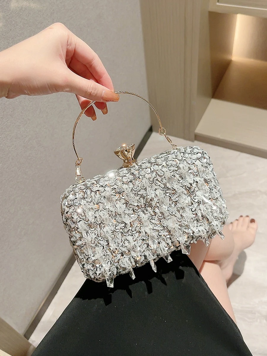 Beaded Sequins Evening Bag, Elegant Box Clutch Purse, Women's