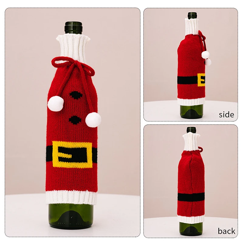 Christmas Knitted Wine Bottle Cover Pompom Bow Decor Santa Costume Snowflake Pattern Wine Bottle Bag Xmas Dinner Table Decor wine bottle cover burlap wine bags