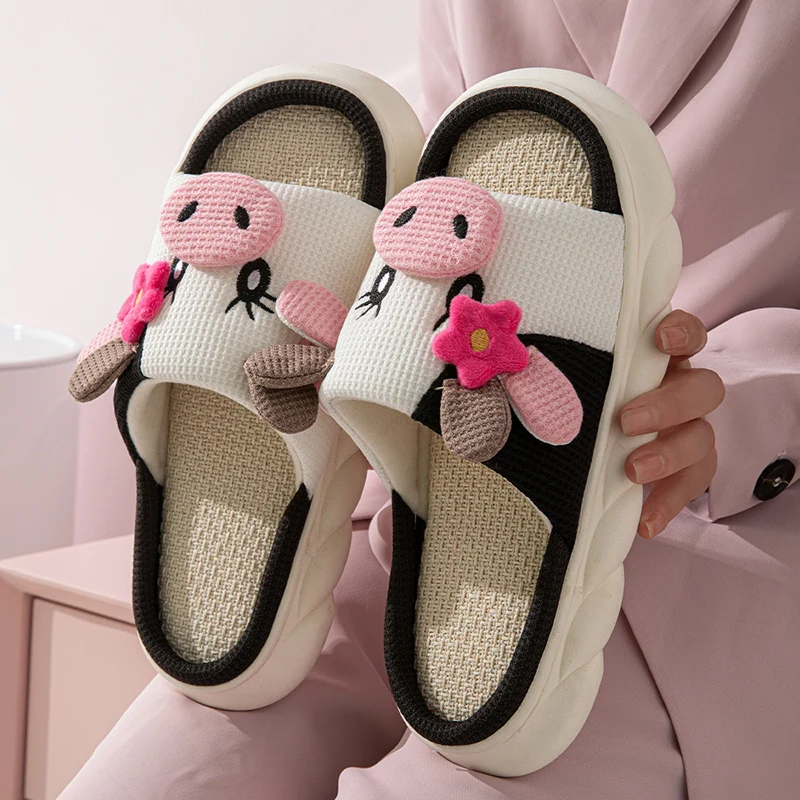 Cute Cow Thick Bottom Linen Slippers Women 2024 Winter Comfort Home Cotton Slippers Woman Flat Heels Non Slip Indoor Shoes Slide — view 2