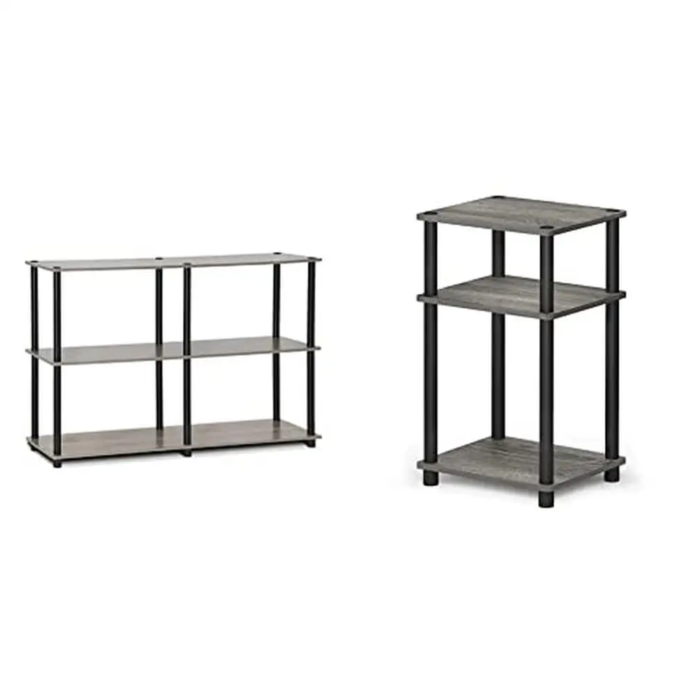 

3-Tier Storage Display Rack & End Table Set French Oak Grey/Black Modern Stylish Design Sturdy Construction Easy Assembly