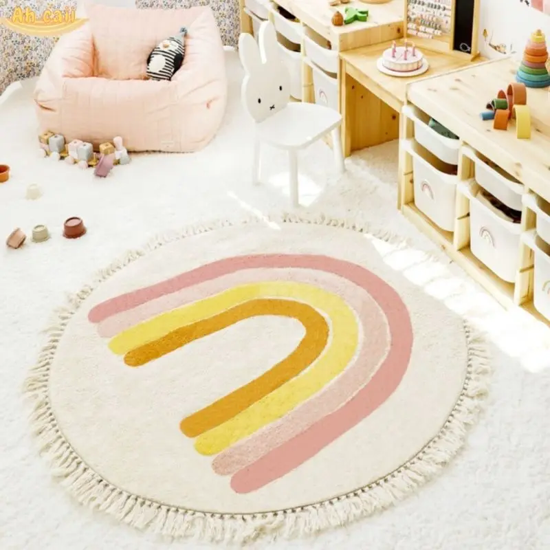 Rainbow Fluffy Carpet For Living Room With Tassels White Plush Rug For Kids Bedroom Soft Nursery Play Mat Children Babi