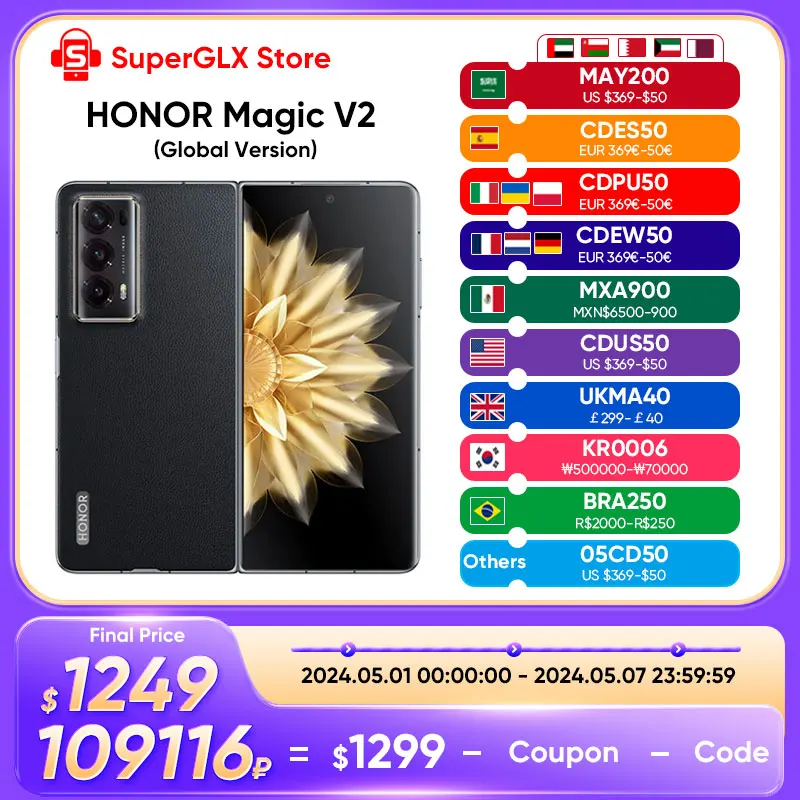 Global Version Honor Magic V2 5G Foldable LTPO OLED 120Hz Display 7.92" 50MP Rear Cameras Snapdragon 8+ Gen 2 5000mAh 66W NFC