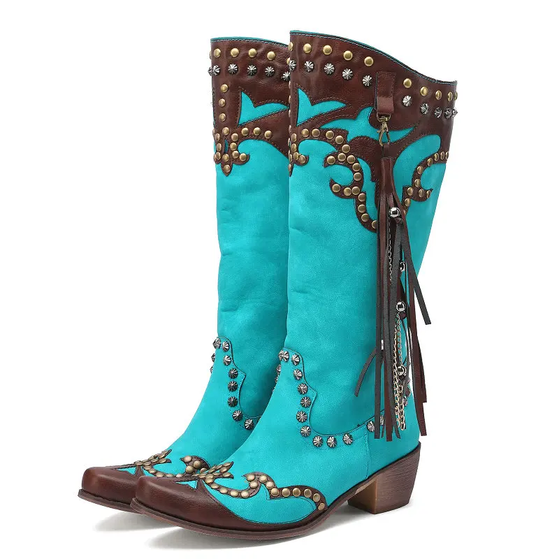 

Aqua Blue Mixed Color Patchwork Bohemian Ethnic Chunky High Heels Women Shoes Knee High Western Cowboy Boots With Tassel Rivets