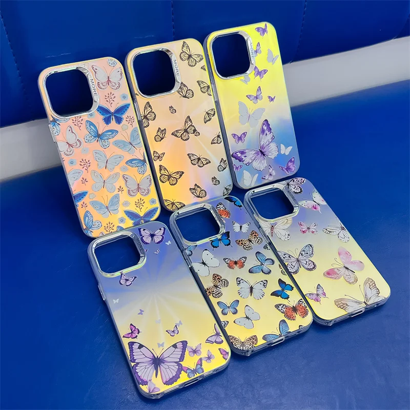Coque de téléphone de luxe électroplaquée au laser papillon pour iPhone 16 15 14 13 Pro Max, coque arrière rigide antichoc en PC mat_voghion.com