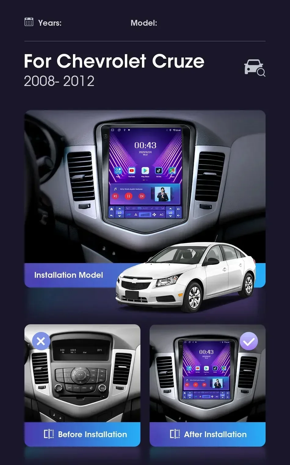 Srnubi New Series Auto-Multimedia-Player, 9,7 Zoll vertikaler Bildschirm, CarPlay, Auto-Navigation, BT für Chevrolet Cruze J300 2008–2012 – Detail 2