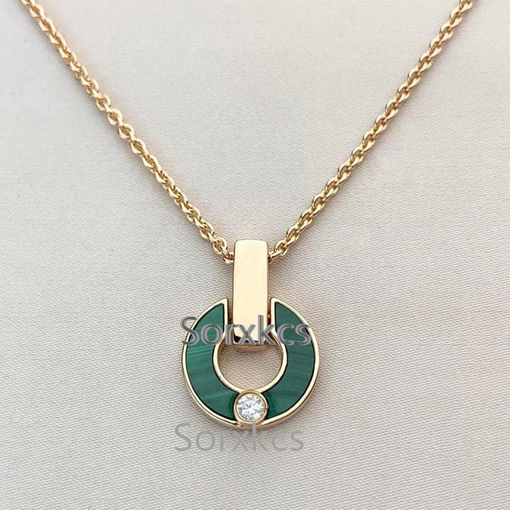 

Luxury Jewelry 18K Rose Gold Natural Stone Round Pendant Women's Necklace Green Malachite Necklaces Fashion Brand Party Gift