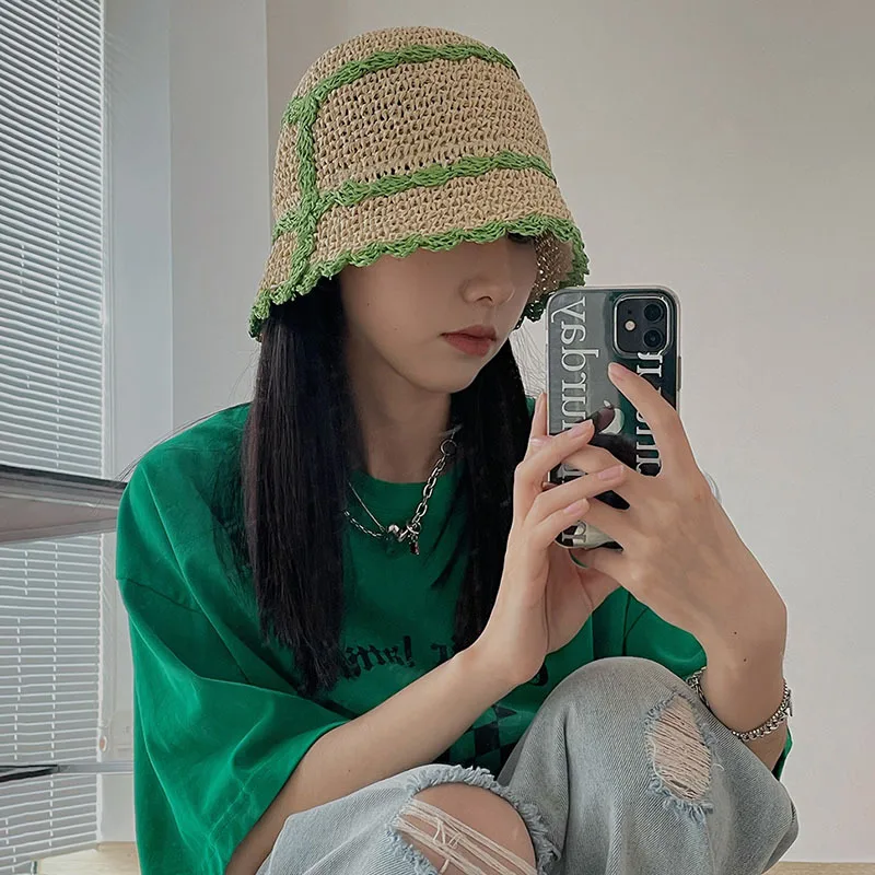 

OMEA Straw Hat Colorful Knitting Hemming Bucket Hat Designer Korea Style Cute Sun Hat Harajuku Fashionable Summer Hats for Women