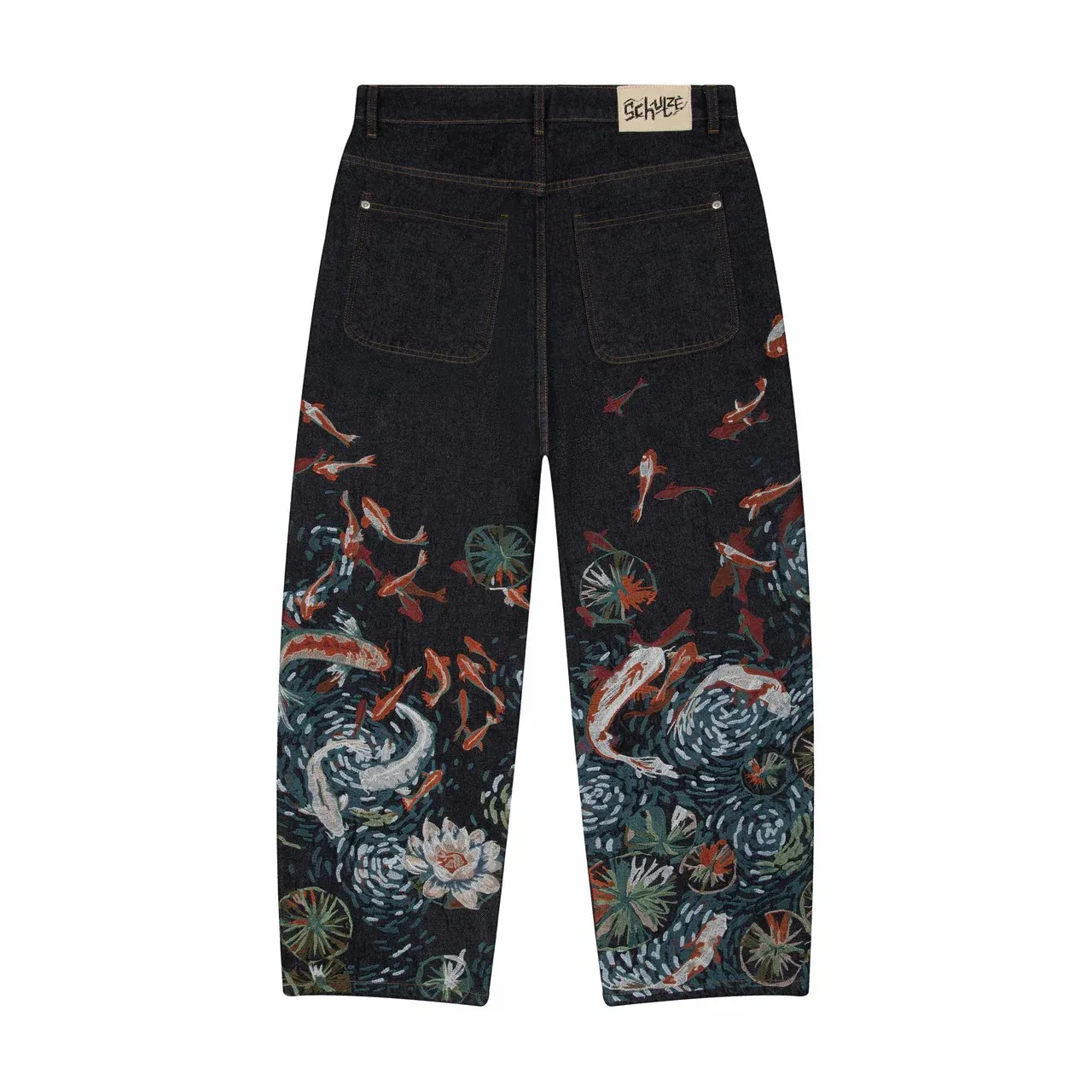 Vintage Black Koi Fish Lotus Embroidered Wide Leg Denim Jeans Y2K Streetwear Oversized Cotton Casual Urban Hip Hop Fashion 2