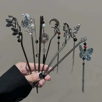 New Chinese Style Butterfly Flower Tassel Hair Stick for Women Vintage Metal Hanfu Chopstick Hair Sticks Hair Accessories 1