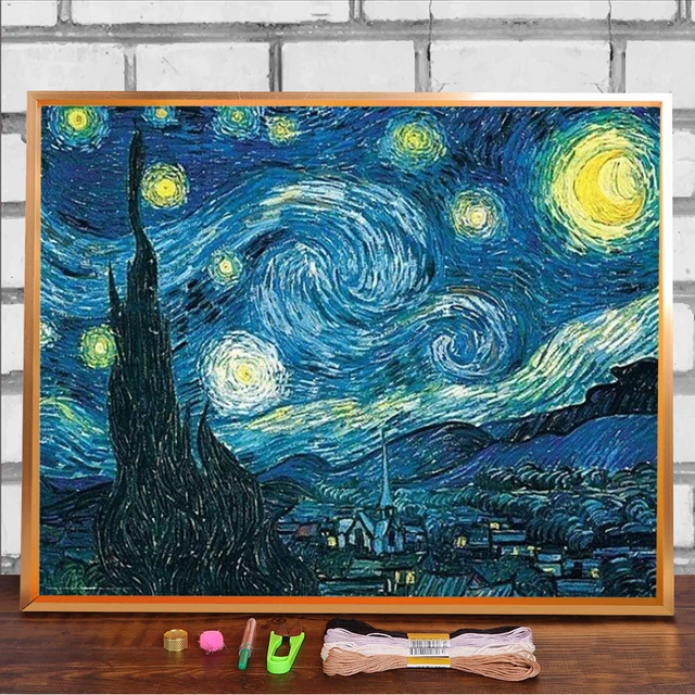 Van Gogh yıldızlı gece baskılı suda çözünür tuval 11CT çapraz dikiş  desenleri nakış DMC konuları örgü satış - AliExpress
