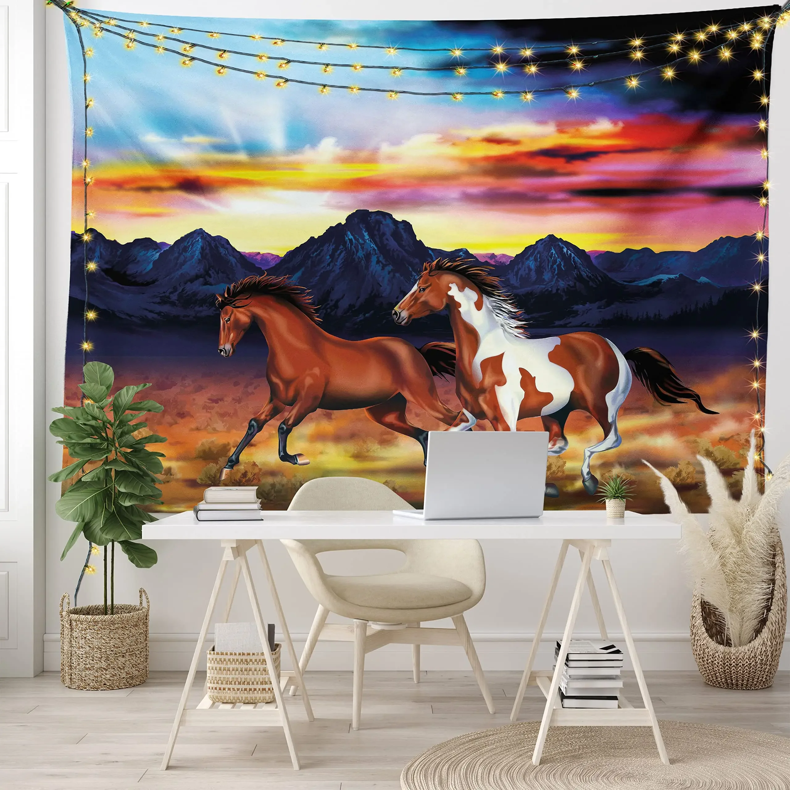 

Running Horses at Sunset Tapestry Rustic Landscape Colorful Sky Illustration Tapestry Wall Hanging for Bedroom Living Room Dorm