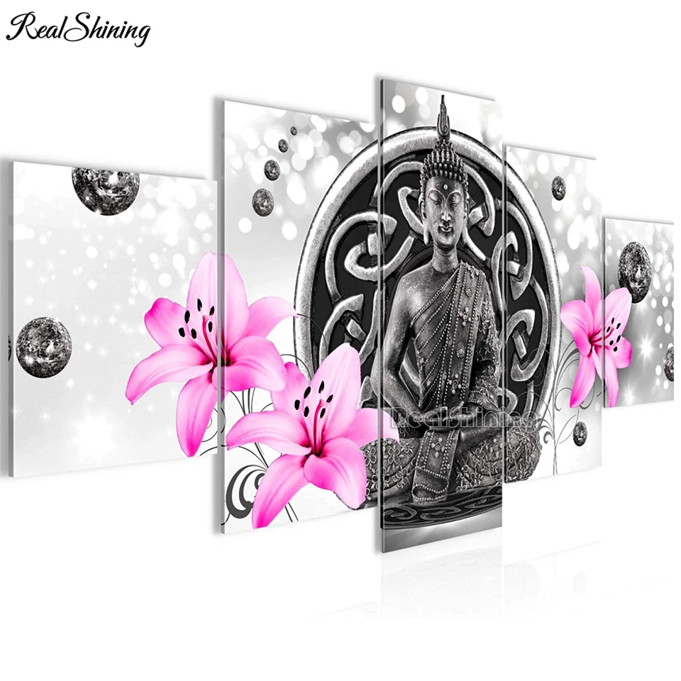 

Pink Lily Buddha diamond painting 5 Piece diamond mosaic full square round diamond embroidery,Buddhism Zen Home Art T1690