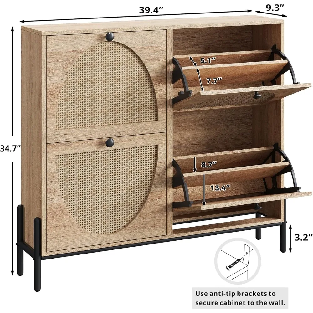 Rattan Shoe Cabinet Storage with 4 Flip Drawers, Freestanding Shoe Storage Organizer Cabinet for Entryway 3