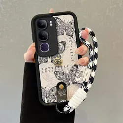 Retro Ink Butterfly Chic Flower Wrist Strap Leather Phone Case Lanyard Cover for Vivo V40 SE 5G (SZHD)
