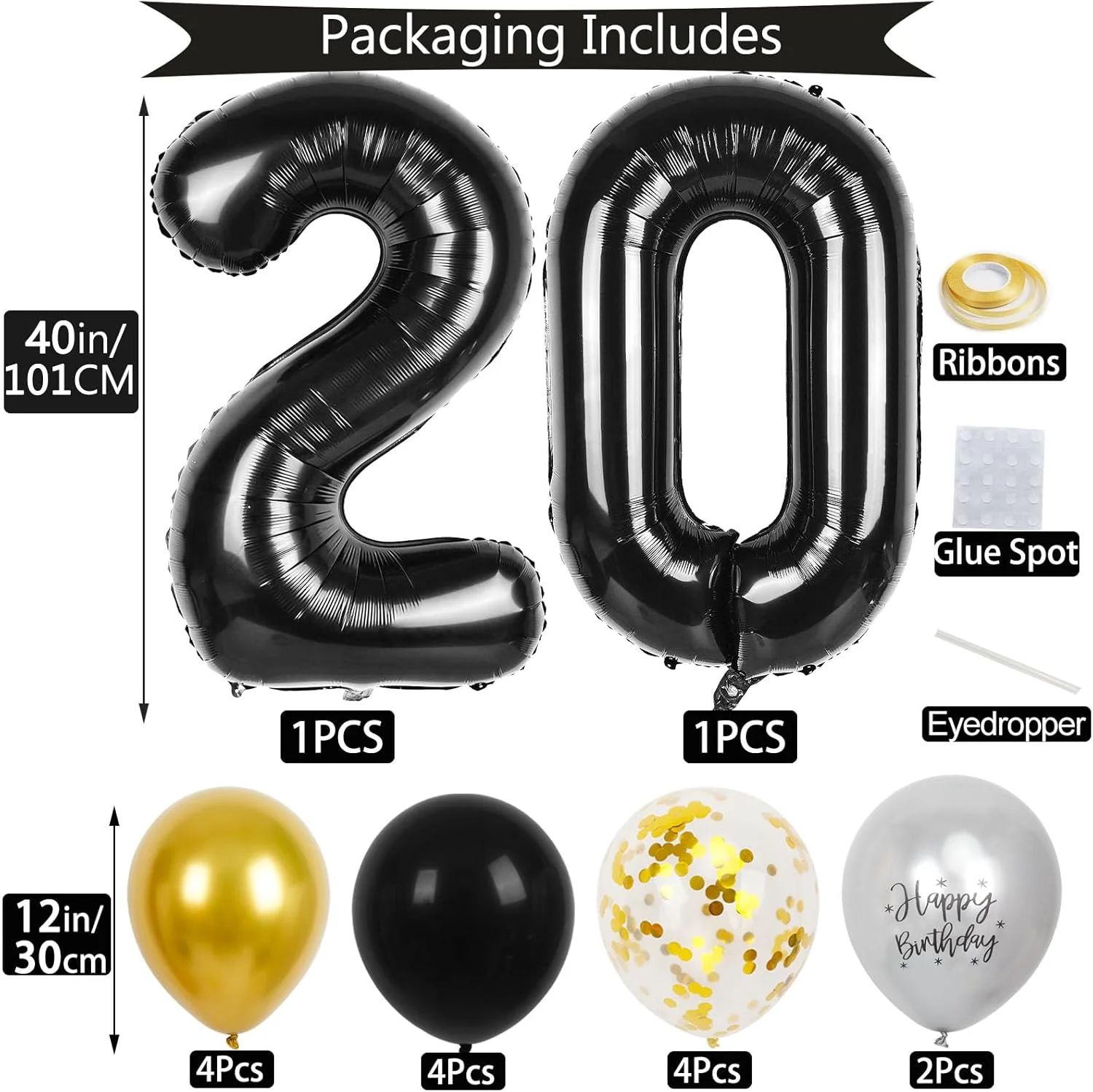 40 Zoll Schwarze Große Zahlen 16/18/21/30/40/50/60 Jahre Set mit Glitzer-Latexballons für Erwachsene Männer Geburtstagsdekoration – Detail 3
