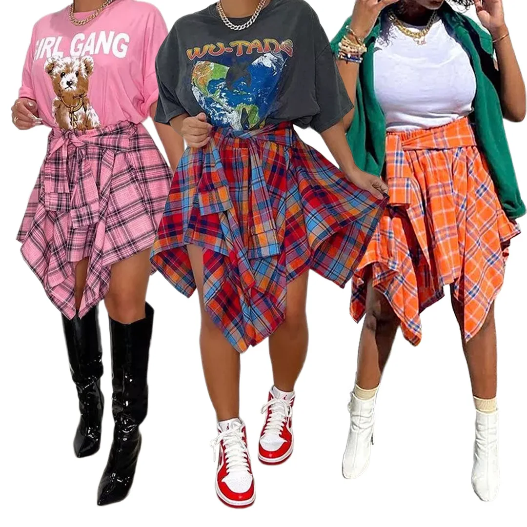 

Sexy Women Skirt Dress Plaid Colorful Loose Shirt Bandage Streetwear High Waist Clothes For Women Outfit