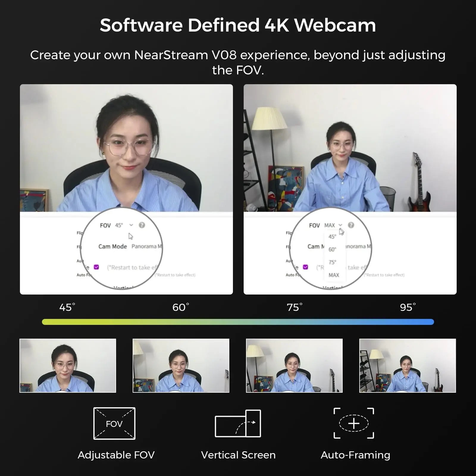 Nearstream V08AF 4K Webcam for PC, HDR 1080P 60FPS Noise Canceling Mic, 45°-95°Adjustable FOV, Auto Focus, AI Framing 6