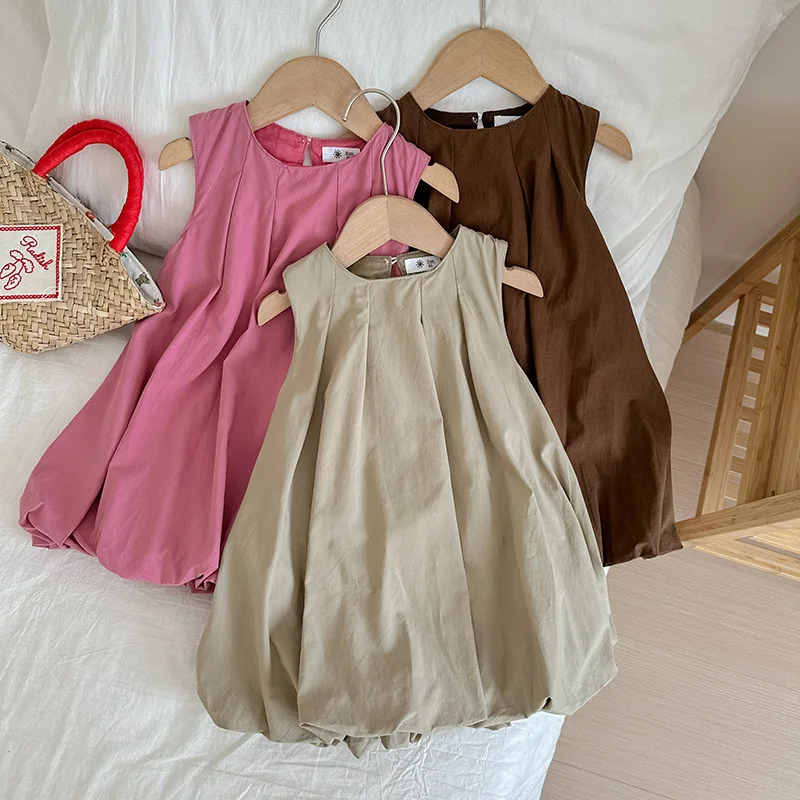 

2024 Summer 2-8 Years Girls Fashion Sleeveless Cotton Lantern Dress Plain Color