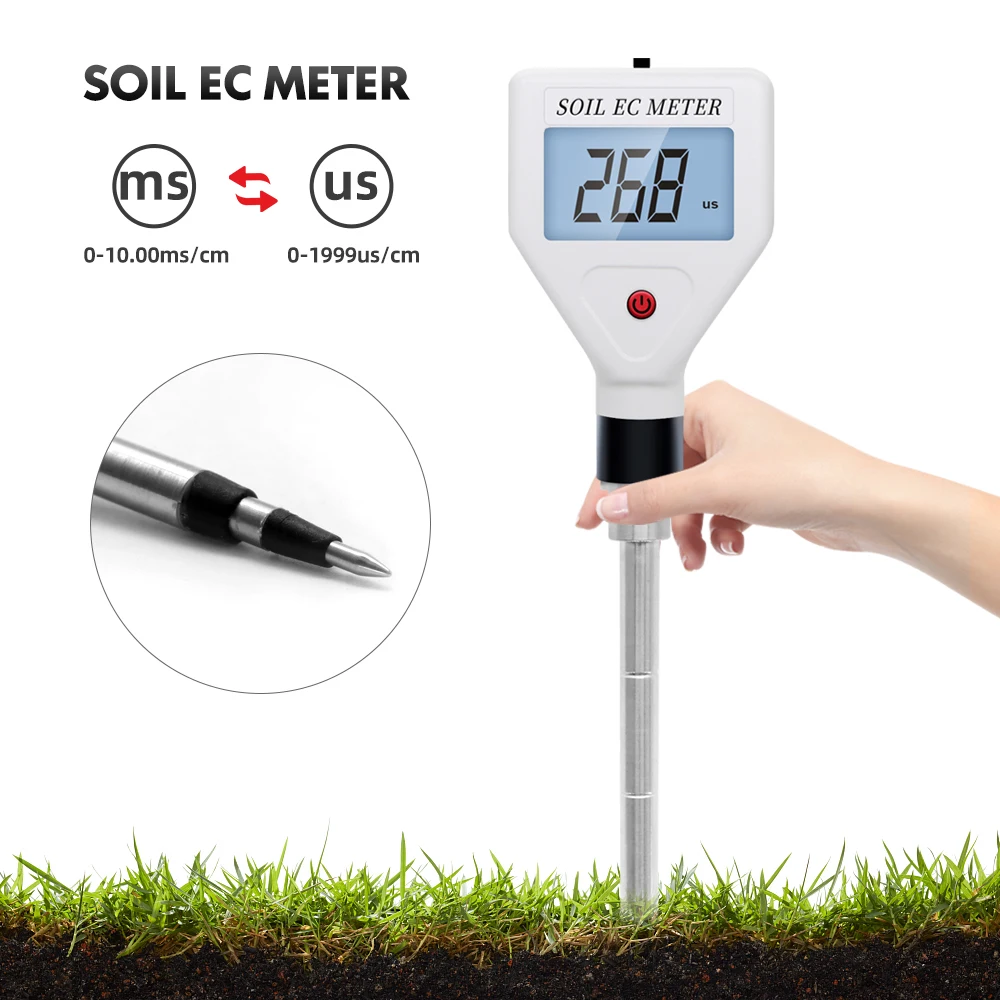 

EC Soil Meter 0-1999us/cm High Precision Metal Probe ATC Conductivity Tester Detector for Farmland Garden Planting Aquaculture