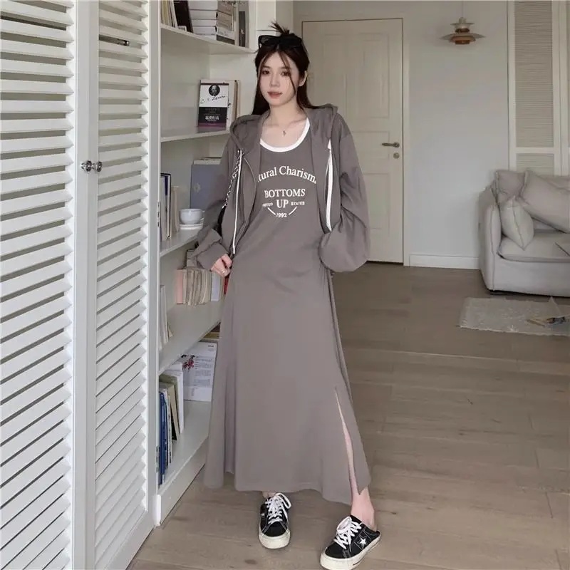 Women Slip Dress Braces Skirt Hoodies Dresses Suits 2 Pieces Suits Korean Style suspender Retro Y2k Sets Tracksuit Long Dresses