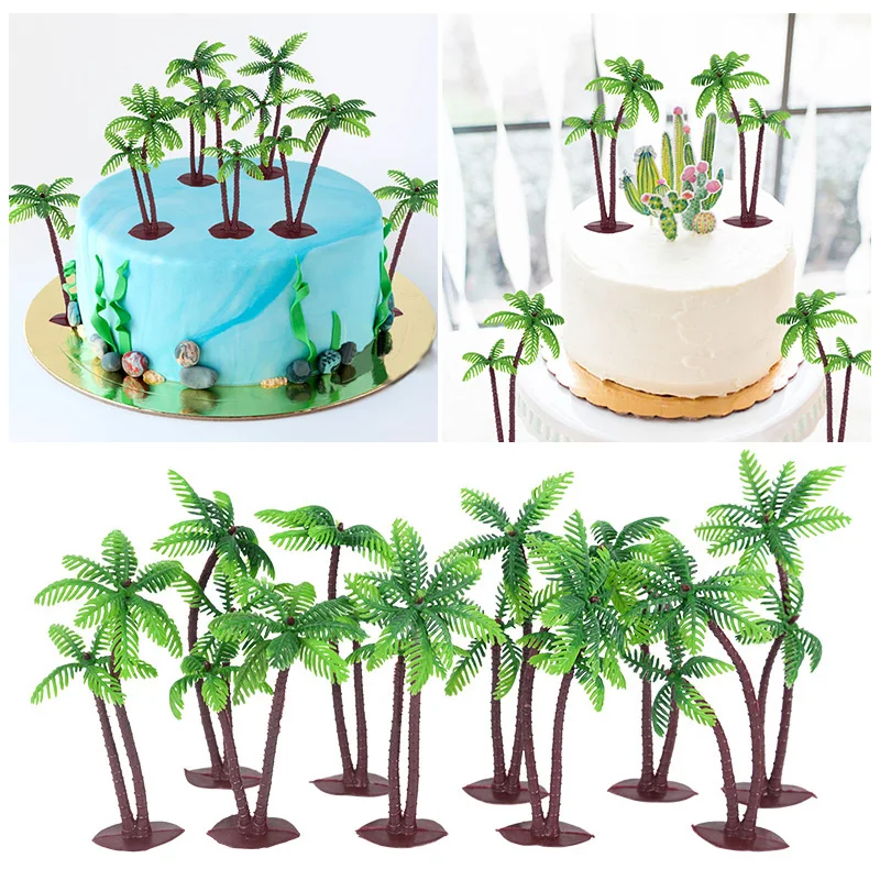 

5/10pcs Plastic Coconut Trees Cake Toppers Green Palm Tree Landscape Artificial Model For Hawaiian Tropical Birthday Party Decor
