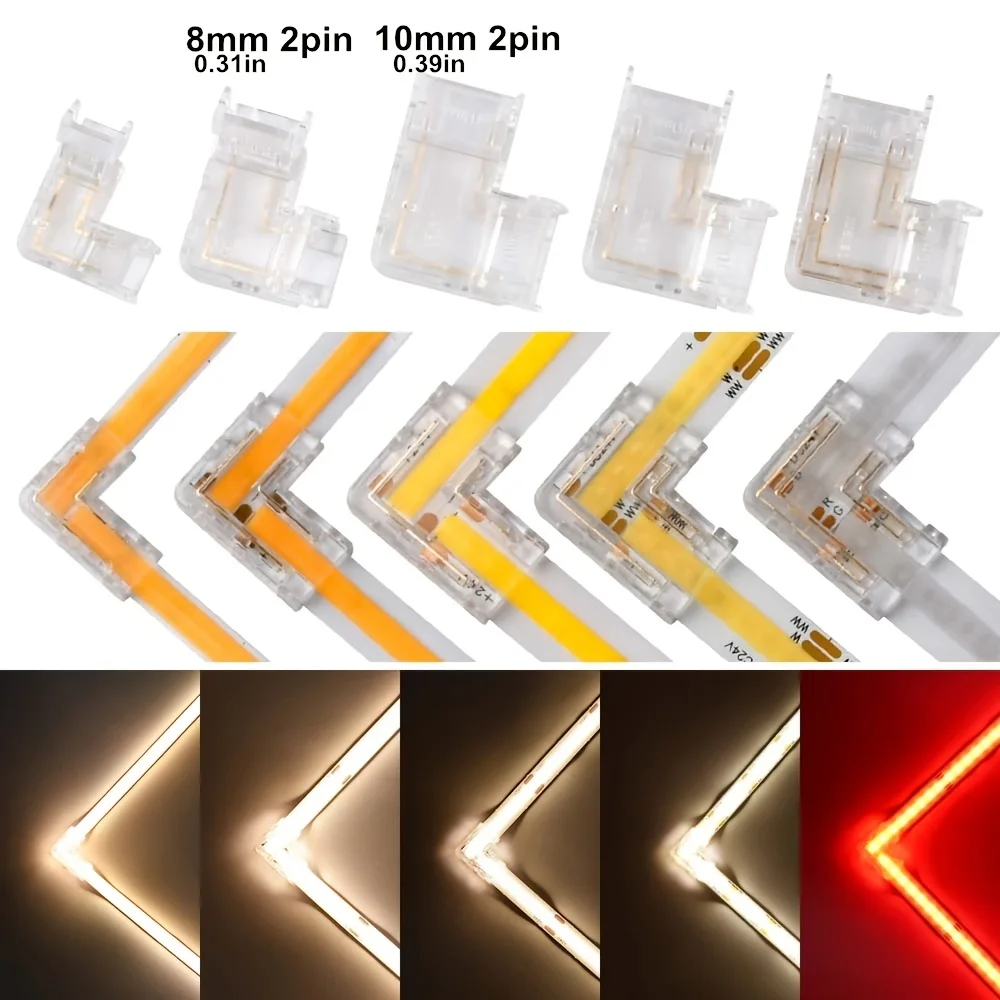 5개 COB LED 커넥터, 8mm 10mm 2핀 FOB RGB CCT 테이프 조명 연결용 90도 L자형 코너 커넥터