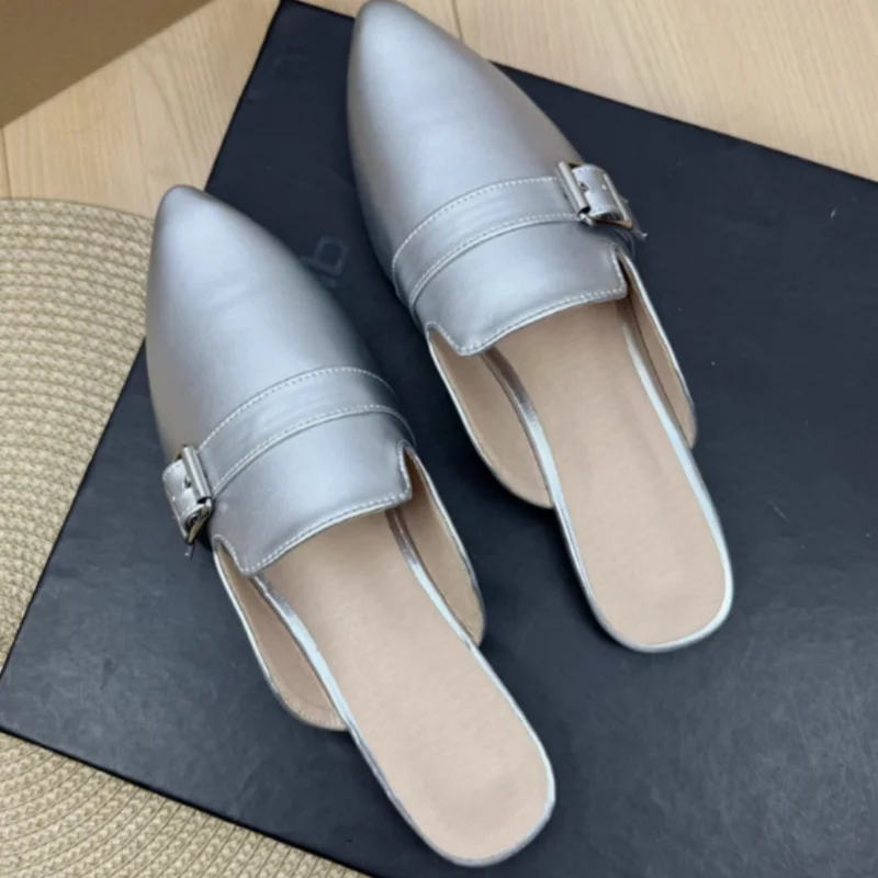 레이디 가죽 버클 스트랩 슬라이드 앞면 폐쇄 발가락 뾰족한 팁 옐로우 카키 플랫 슬리퍼 블랙 단독 여름 야외 신발 와이드 피트