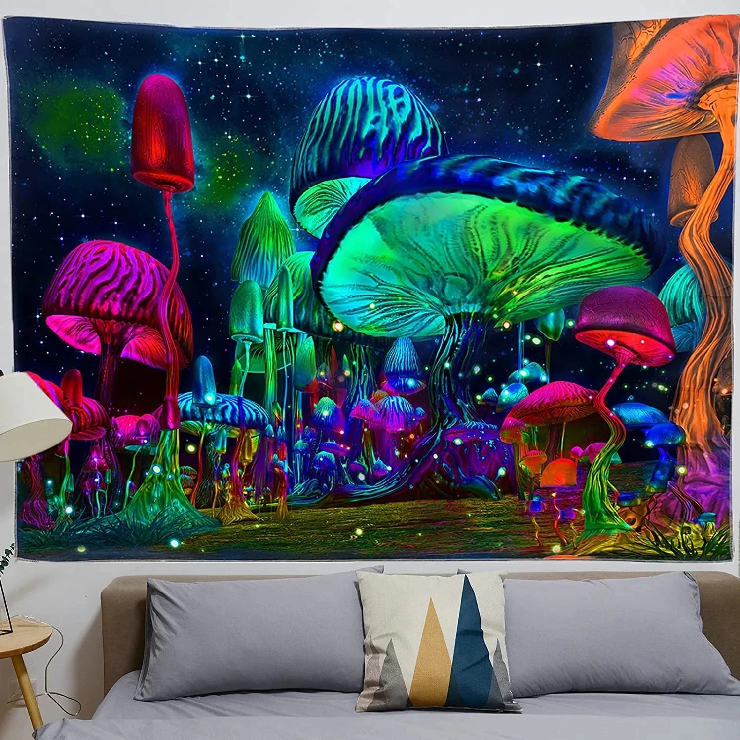 Tapestry Decorations Bedroom Mushroom Tapestry Psychedelic Tapestry Fantasy Plant Starry Night Wall Mounted Black Light Poster For Room Home
