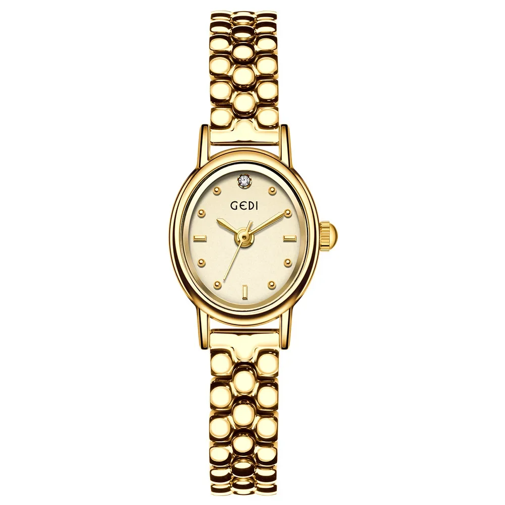 Women's Small Wrist Quartz Watch - Silver, Grey, and Gold Oval Design with Stainless Steel Band