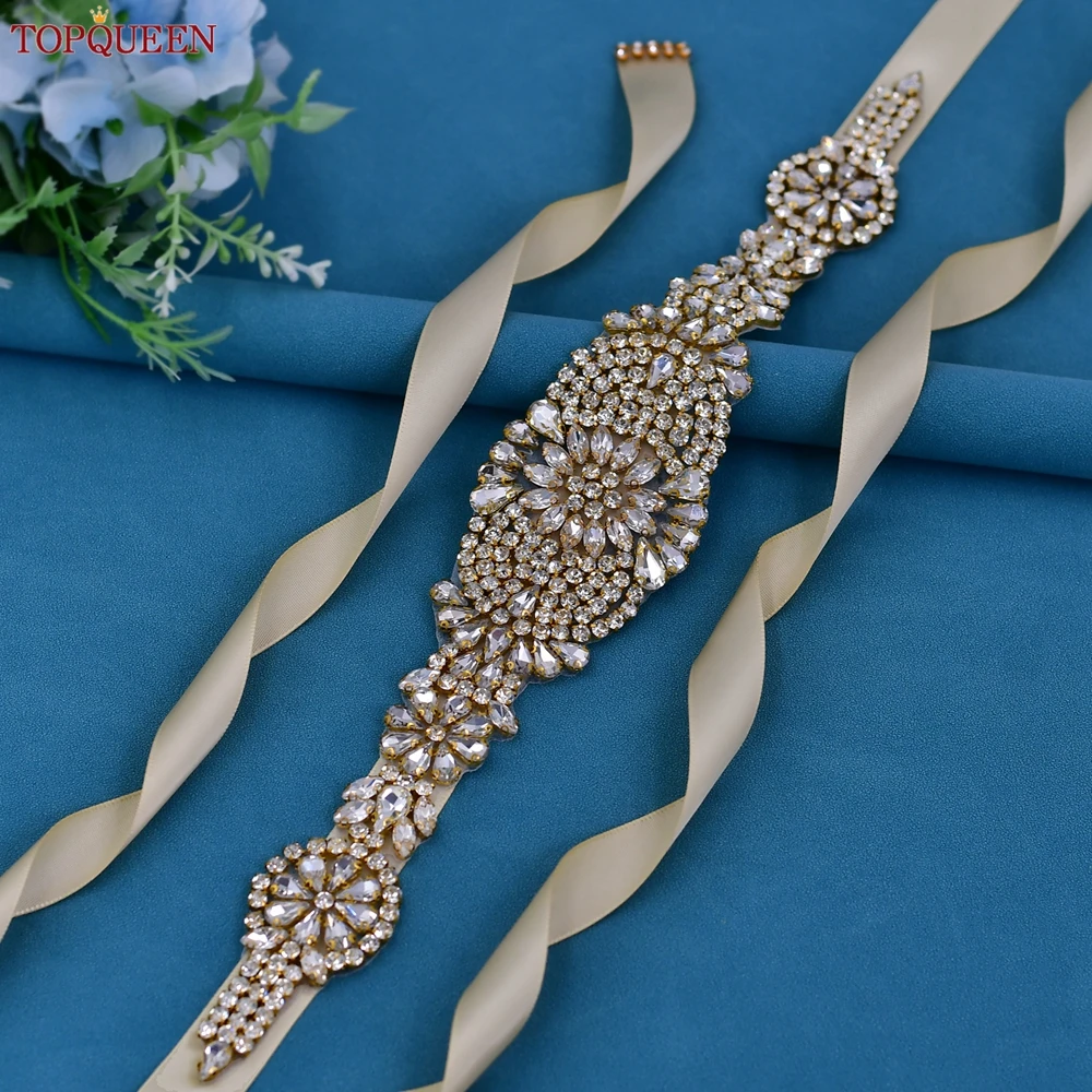 TOPQUEEN S123 Luxury Rhinestone Belt Silver/Gold/Rose Gold Women's Dresses Caftan Sash Diamond Bridal Wedding Accessories bridal waistband