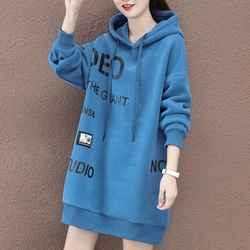 Pure Cotton Thicken Warm Hoodie 2023 Winter New Mid Length Version Loose Large Size Women Long Slevee Fashion Casual Hooded Top