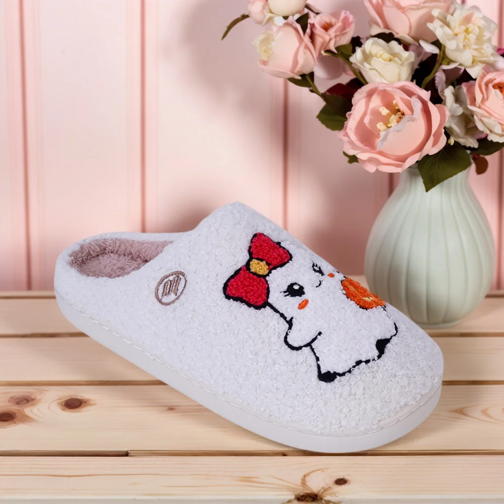 Autumn Winter Halloween Slippers Women Black Cat Pumpkin Cute Ghost Plush Slippers Fluffy Comfortable Warm Indoor Home Slippers